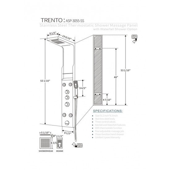 SHOWER PANEL "TRENTO" ASP-3055-SS, NEW