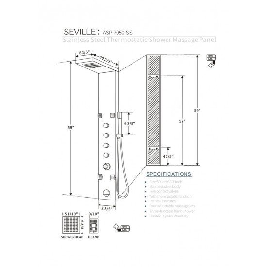 SHOWER PANEL "SEVILLE" ASP-7050-SS