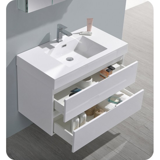 Fresca FCB8336WH-I Valencia 36" Glossy White Wall Hung Modern Bathroom Vanity