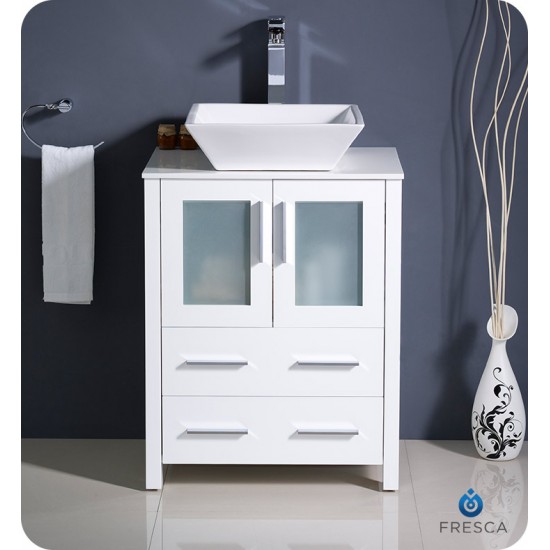 Fresca FCB6224WH-CWH-V Torino 24" White Modern Bathroom Cabinet with Top & Vessel Sink