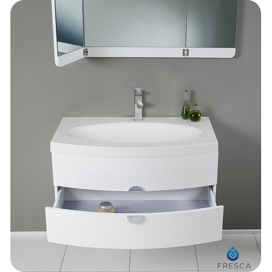 Fresca FVN5092PW Energia 36" White Modern Bathroom Vanity with Three Panel Folding Mirror