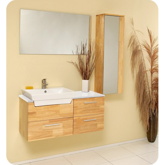 Fresca FVN6163NW Caro 36" Natural Wood Modern Bathroom Vanity with Mirrored Side Cabinet
