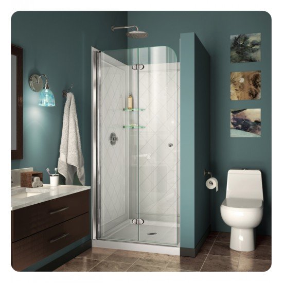DreamLine DL-6527-01 Aqua Fold 32" Bi-Fold Shower Door in Chrome with White Acrylic Base and Backwall Kit