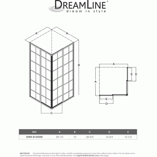 DreamLine SHEN-8134340-89 French Corner 34-1/2 in. W x 34-1/2 in. D x 72 in. H Sliding Shower Enclosure