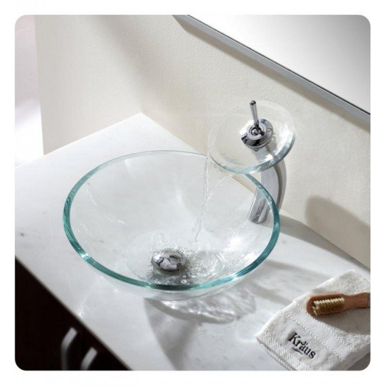 Kraus C-GV-100-12MM-10 Crystal 17" Round Single Bowl Vessel Bathroom Sink with Waterfall Faucet