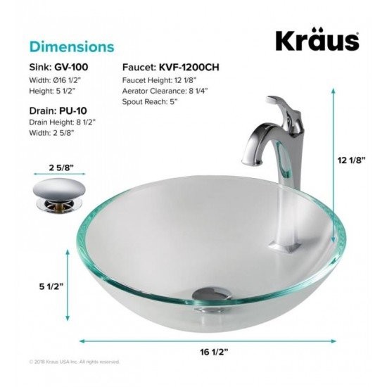 Kraus C-GV-100-12MM-1200 Elavo 16 1/2" Round Clear Bathroom Vessel Sink with Arlo Vessel Faucet and Pop-Up Drain