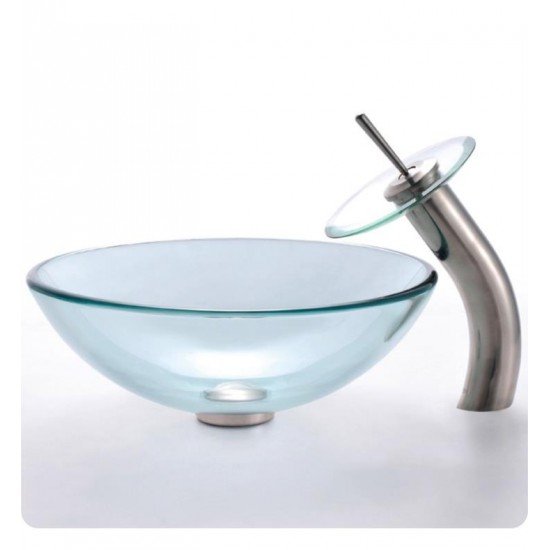Kraus C-GV-101-12MM-10 Clear 17" Round Single Bowl Vessel Bathroom Sink with Riviera Faucet