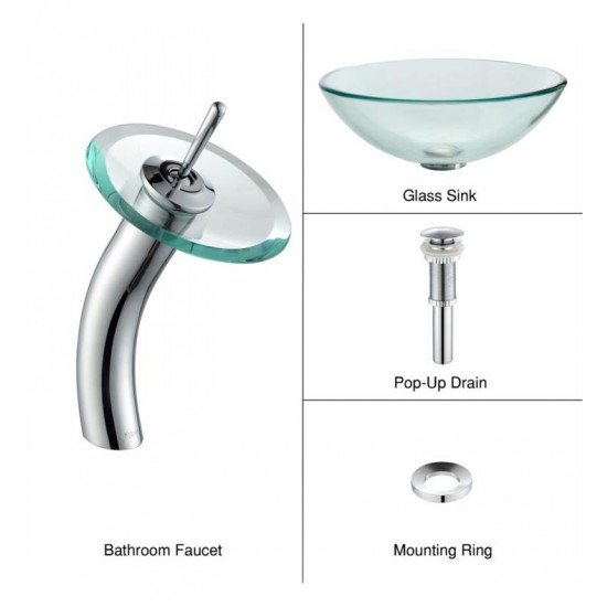 Kraus C-GV-101-12MM-10 Clear 17" Round Single Bowl Vessel Bathroom Sink with Riviera Faucet