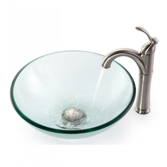 Kraus C-GV-101-12MM-1005 Clear 17" Round Single Bowl Vessel Bathroom Sink with Riviera Faucet