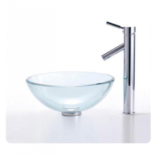Kraus C-GV-101-14-12MM-1002CH Clear 14" Round Single Bowl Vessel Bathroom Sink with Sheven Faucet