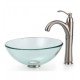 Kraus C-GV-101-14-12MM-1005SN Clear 14" Round Single Bowl Vessel Bathroom Sink with Riviera Faucet
