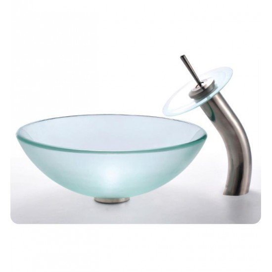 Kraus C-GV-101FR-12MM-10 Frosted 17" Glass Round Single Bowl Vessel Bathroom Sink with Waterfall Faucet