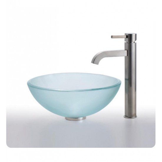Kraus C-GV-101FR-14-12MM-1007SN Frosted 14" Glass Round Single Bowl Vessel Bathroom Sink with Ramus Faucet
