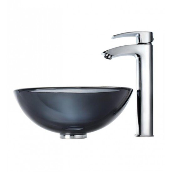 Kraus C-GV-104-14-12MM-1810CH Clear 14" Round Single Bowl Vessel Bathroom Sink with Visio Faucet