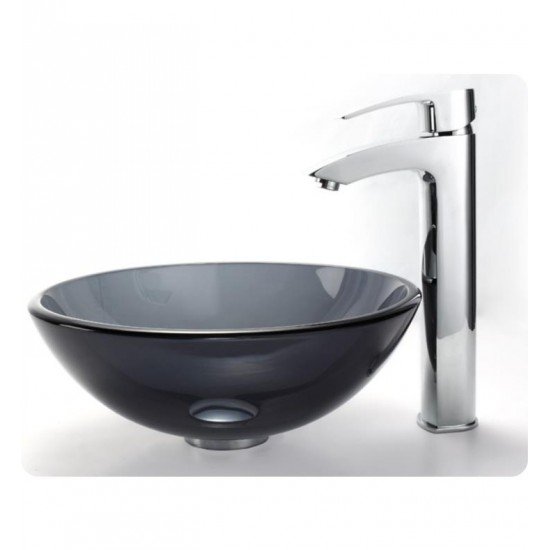 Kraus C-GV-104-14-12MM-1810CH Clear 14" Round Single Bowl Vessel Bathroom Sink with Visio Faucet