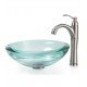 Kraus C-GV-150-19MM-1005SN Clear 17" Round Single Bowl Vessel Bathroom Sink with Riviera Faucet