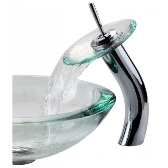 Kraus C-GV-150-19MM-10CH Clear 17" Round Single Bowl Vessel Bathroom Sink with Waterfall Faucet