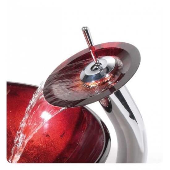 Kraus C-GV-200-12MM-10 Galaxy Red 17" Irruption Glass Round Single Bowl Vessel Bathroom Sink with Waterfall Faucet