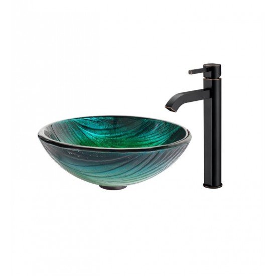 Kraus C-GV-391-19MM-1007 Nature 17" Nei Glass Round Single Bowl Vessel Bathroom Sink with Ramus Faucet