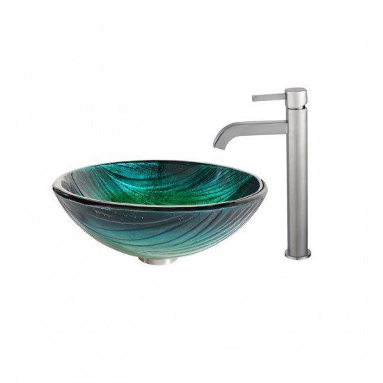Kraus C-GV-391-19MM-1007 Nature 17" Nei Glass Round Single Bowl Vessel Bathroom Sink with Ramus Faucet
