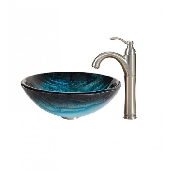 Kraus C-GV-399-19MM-1005 Nature 17" Ladon Glass Round Single Bowl Vessel Bathroom Sink with Riviera Faucet