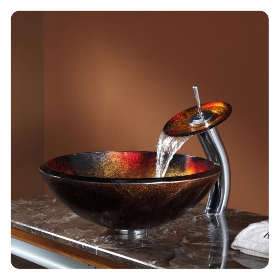 Kraus C-GV-680-19MM-10 Copper 17" Mercury Glass Round Single Bowl Vessel Sink with Waterfall Faucet