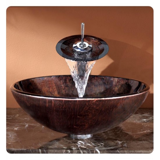 Kraus C-GV-684-12MM-10 Copper 17" Pluto Glass Round Single Bowl Vessel Sink with Waterfall Faucet