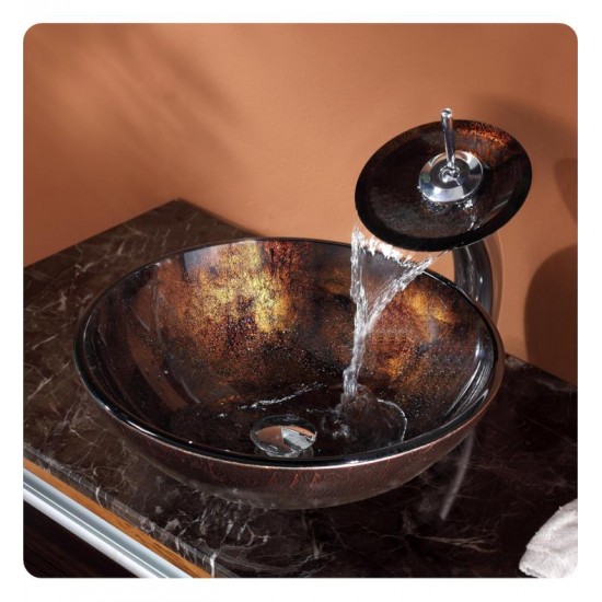 Kraus C-GV-684-12MM-10 Copper 17" Pluto Glass Round Single Bowl Vessel Sink with Waterfall Faucet