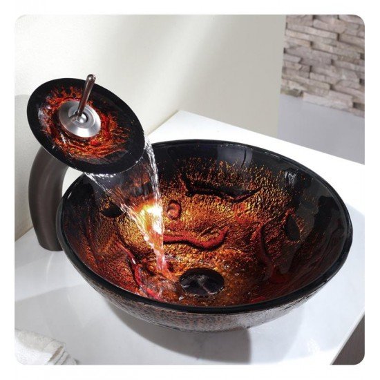 Kraus C-GV-710-12MM-10 Copper 17" Lava Glass Round Single Bowl Vessel Sink with Waterfall Faucet