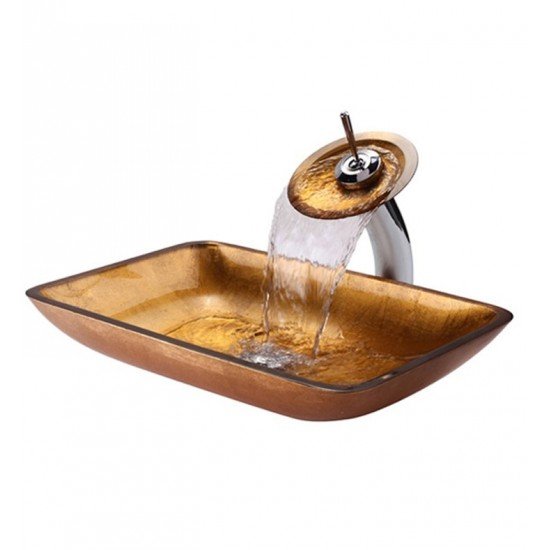 Kraus C-GVR-210-RE-10 Golden Pearl 21 7/8" Glass Rectangular Single Bowl Vessel Sink with Waterfall Faucet