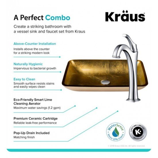 Kraus C-GVR-RE-1200 Elavo 13 7/8" Rectangle Bathroom Vessel Sink with Arlo Vessel Faucet and Pop-Up Drain