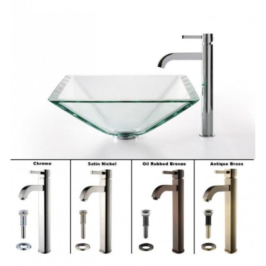 Kraus C-GVS-901-19MM-1007 Clear 16 1/2" Square Single Bowl Vessel Bathroom Sink with Ramus Faucet