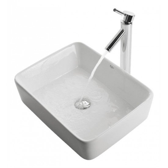 Kraus C-KCV-120-1002 White Ceramic 15" Square Single Bowl Vessel Bathroom Sink with Sheven Faucet
