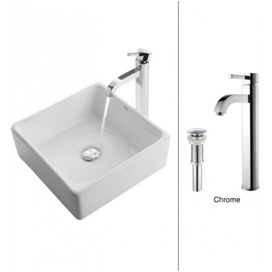 Kraus C-KCV-120-1007 White Ceramic 15" Square Single Bowl Vessel Bathroom Sink with Ramus Faucet