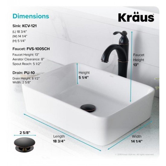 Kraus C-KCV-121-1005 Elavo 18 3/4" Rectangular White Bathroom Vessel Sink with Riviera Vessel Faucet and Pop-Up Drain