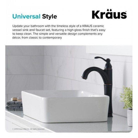 Kraus C-KCV-121-1005 Elavo 18 3/4" Rectangular White Bathroom Vessel Sink with Riviera Vessel Faucet and Pop-Up Drain