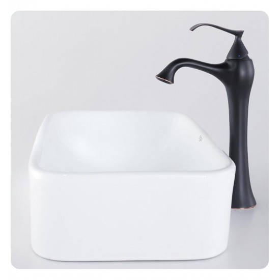 Kraus C-KCV-122-15000ORB White Ceramic 19 1/4" Rectangular Single Bowl Vessel Bathroom Sink with Ventus Faucet