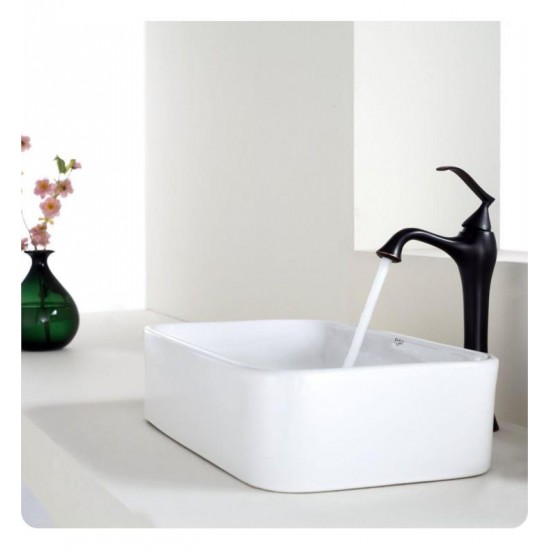 Kraus C-KCV-122-15000ORB White Ceramic 19 1/4" Rectangular Single Bowl Vessel Bathroom Sink with Ventus Faucet