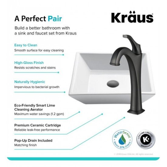 Kraus C-KCV-125-1200 Elavo 16" Square White Bathroom Vessel Sink with Arlo Vessel Faucet and Pop-Up Drain