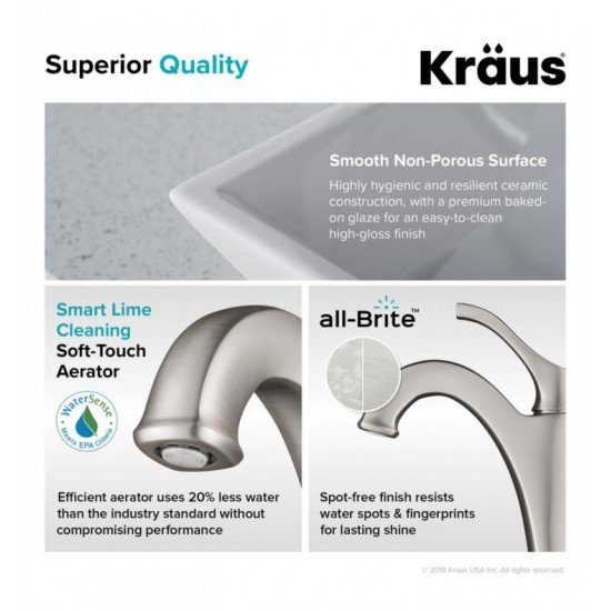 Kraus C-KCV-125-1200 Elavo 16" Square White Bathroom Vessel Sink with Arlo Vessel Faucet and Pop-Up Drain