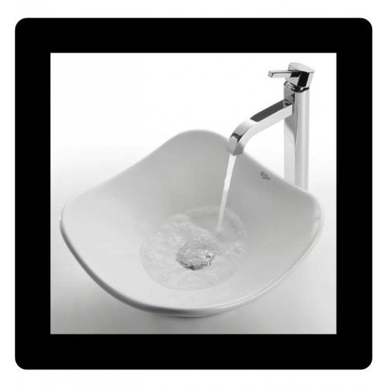 Kraus C-KCV-135-1007 White Ceramic 15 1/2" Round Tulip Single Bowl Vessel Bathroom Sink with Ramus Faucet