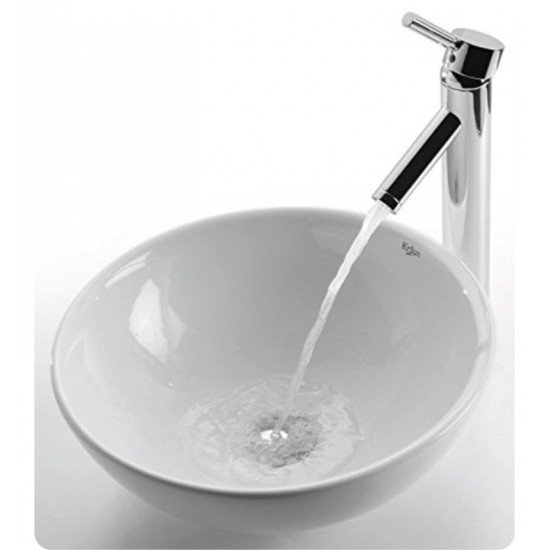 Kraus C-KCV-141-1002 White Ceramic 15 3/4" Round Single Bowl Vessel Bathroom Sink with Sheven Faucet