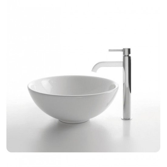 Kraus C-KCV-141-1007 White Ceramic 15 3/4" Round Single Bowl Vessel Bathroom Sink with Ramus Faucet