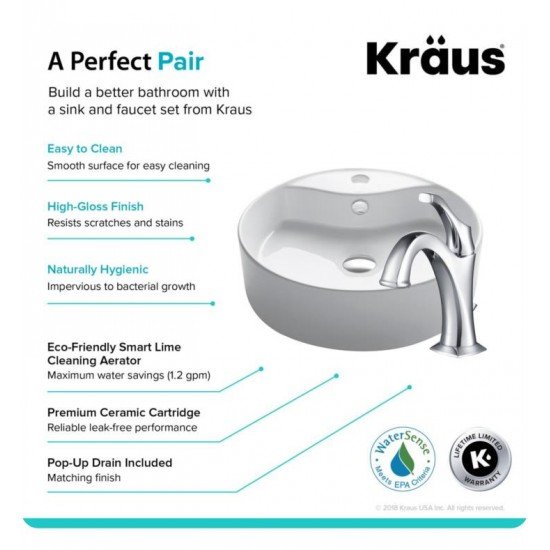 Kraus C-KCV-142-1201 Elavo 18 1/8" Round White Bathroom Vessel Sink with Arlo Vessel Faucet and Lift Rod Drain
