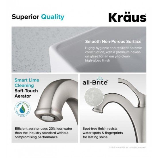 Kraus C-KCV-150-1201 Elavo 18 1/2" Square White Bathroom Vessel Sink with Arlo Vessel Faucet and Lift Rod Drain