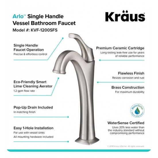 Kraus C-KCV-341-1200 Elavo 13 3/4" Round White Bathroom Vessel Sink with Arlo Vessel Faucet and Pop-Up Drain