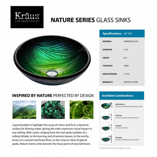 Kraus GV-391-19MM Nature 17" Single Bowl Nei Tempered Glass Vessel Bathroom Sink in Green