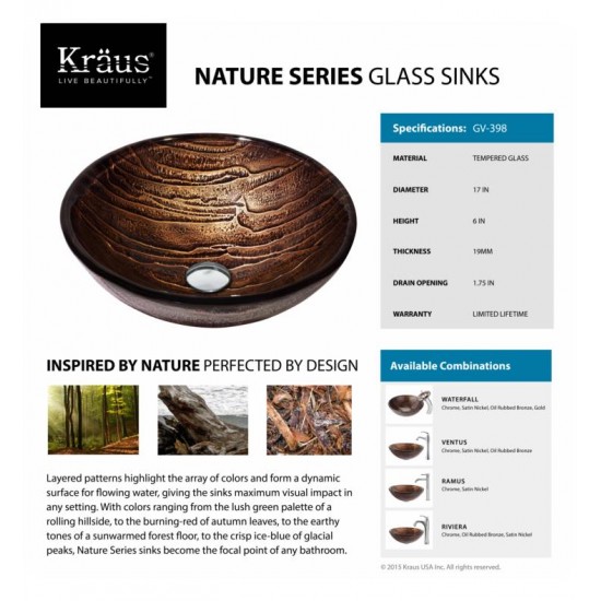 Kraus GV-398-19MM Nature 17" Single Bowl Gaia Tempered Glass Vessel Bathroom Sink in Copper Brown