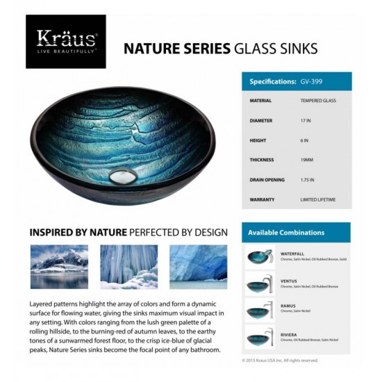 Kraus GV-399-19MM Nature 17" Single Bowl Ladon Tempered Glass Vessel Bathroom Sink in Blue