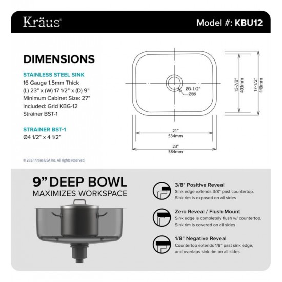 Kraus KBU12 23" Single Bowl Undermount Stainless Steel Rectangular Kitchen Sink